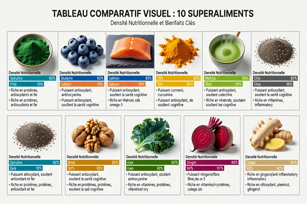 Tableau visuel comparatif de la densité nutritionnelle des 10 superaliments valides